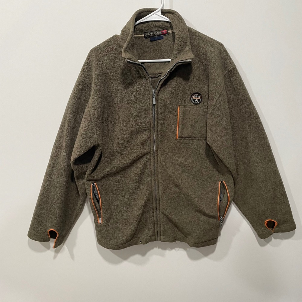 Napapijri Geographic Fleece Jacket Zip Up‎ Mens Size L Khaki Orange Trim
